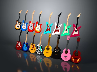 Colorful Electric Acoustic Guitars With Various Styles On 3d model