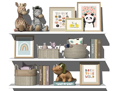 Cute Decorative Ornament Set with Stuffed Giraffe Zebra Dinosaur Prints Baskets and Books 3d model