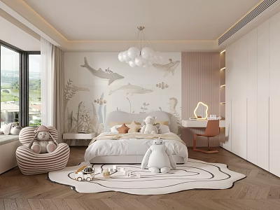 Kids Room Design With Marine Animal Wall Decor Stuffed Toys Cloud Chandelier And Soft Rug 3d model