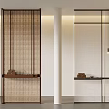 Modern Woven Wooden And Mesh Metal Room Dividers With Bottom Shelves In Minimalist Interior Design