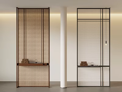 Modern Woven Wooden And Mesh Metal Room Dividers With Bottom Shelves In Minimalist Interior Design 3d model