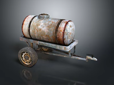 Rusty Metal Oil Tank Mounted On Trailer With Wheels And Handle 3d model