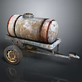 Rusty Metal Oil Tank Mounted On Trailer With Wheels And Handle