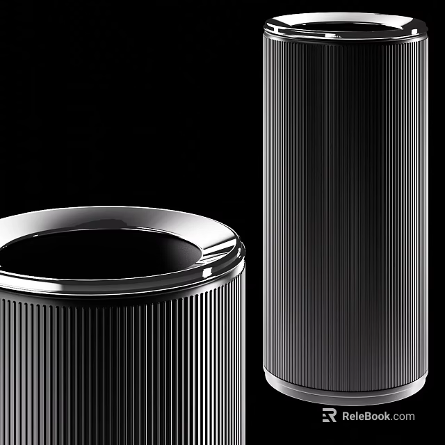 Stylish Black Ribbed Cylindrical Containers With Metallic Finish And Modern Design 3d model 