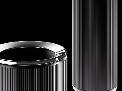 Stylish Black Ribbed Cylindrical Containers With Metallic Finish And Modern Design 3d model
