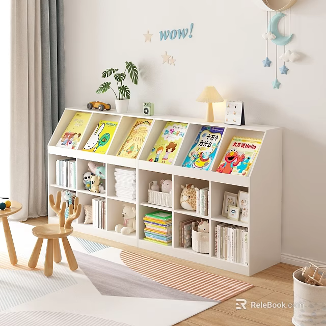 White Kids Bookcase With Multi Tiered Open Shelves Children Books Stuffed Toys And Photo Frames 3d model 
