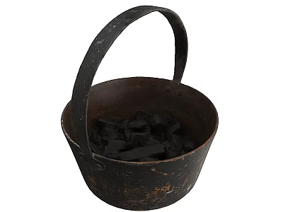 Rustic Vintage Iron Kitchen Utensil Bucket With Handle Filled Charcoal 3d model