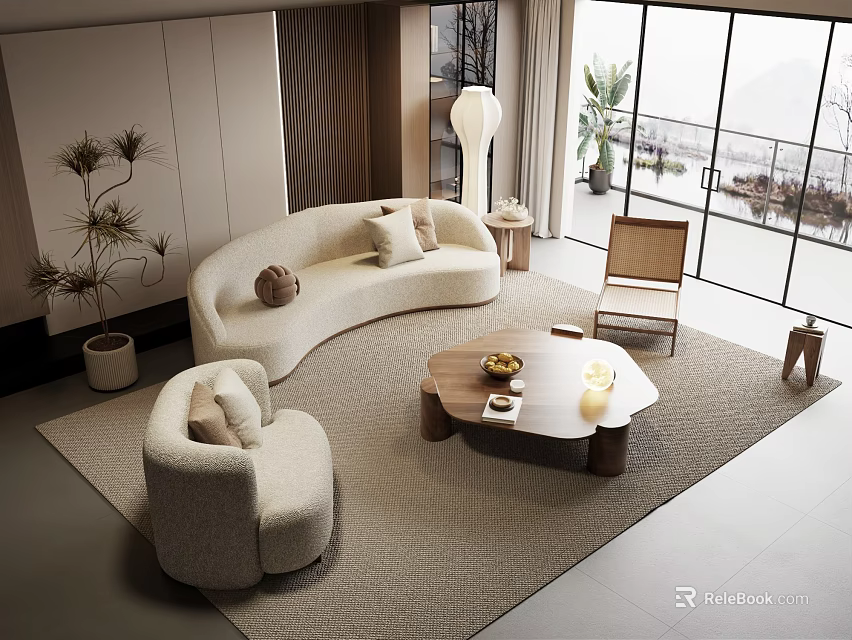 Modern Curved Sofa and Round Coffee Table Set with Cushions Floor Lamp and Potted Plants 3d model 