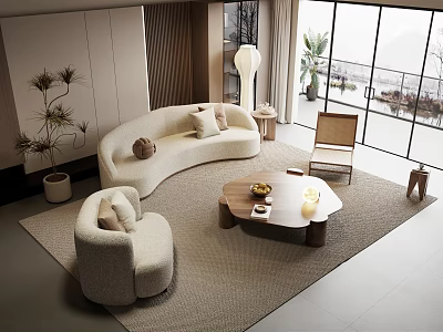 Modern Curved Sofa and Round Coffee Table Set with Cushions Floor Lamp and Potted Plants 3d model