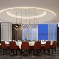 Elegant Private Dining Room Featuring Round Table Red Chairs Chandeliers And Circular Ceiling Light 3d model