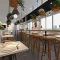 Modern Restaurant Interior With Wooden Tables Chairs Pendant Lights Tableware And Flower Vases
