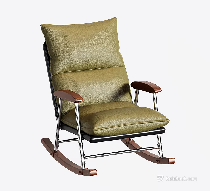 Comfortable Green Leather Rocking Chair With Wooden Armrests And Metal Frame 3d model 