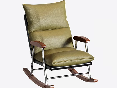 Comfortable Green Leather Rocking Chair With Wooden Armrests And Metal Frame 3d model