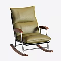 Comfortable Green Leather Rocking Chair With Wooden Armrests And Metal Frame