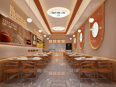 Warm Restaurant Interior Design With Round Pendant Lights Wooden Tables And Wall Decor 3d model