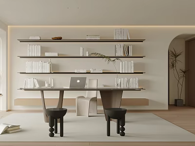 Modern Study Room Interior With Bookshelves Books Laptop Table Stools And Plants 3d model