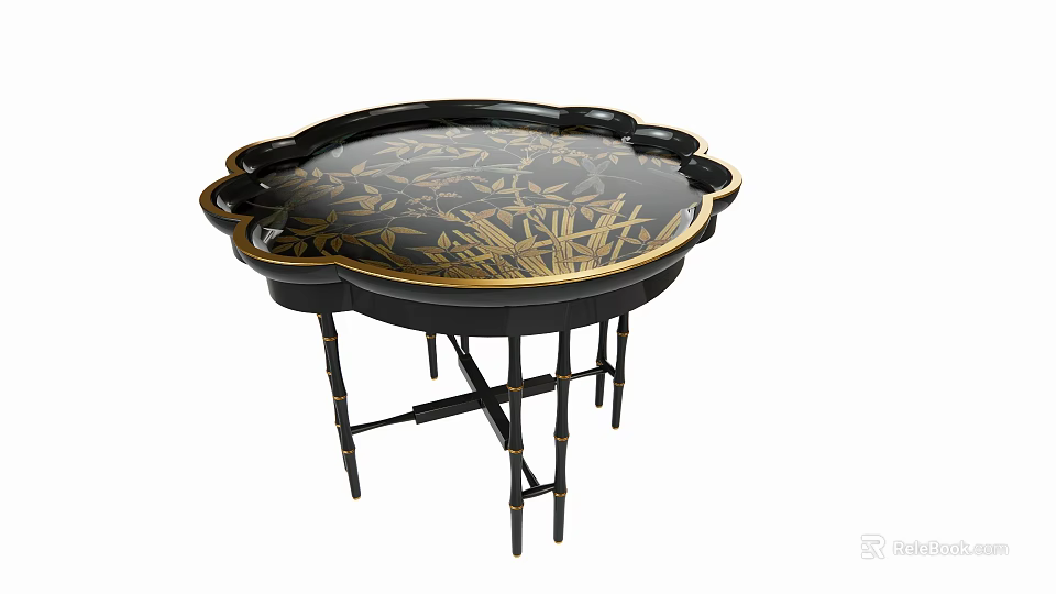 Black Side Table Featuring Gold Bamboo Pattern And Petal Shaped Edge With Bamboo Legs 3d model 