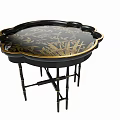 Black Side Table Featuring Gold Bamboo Pattern And Petal Shaped Edge With Bamboo Legs