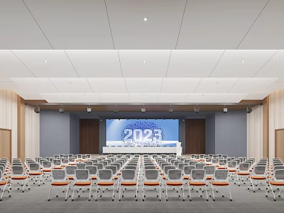 Spacious Conference Room With Rows of Chairs Large Screen 2023 Display And Wooden Backdrop 3d model