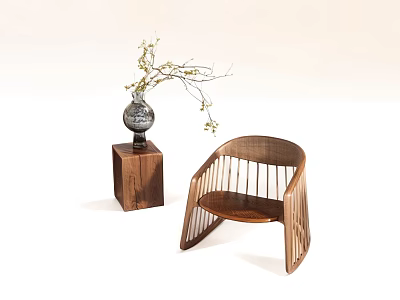 Modern Wooden Leisure Chair With Slatted Back And Vase On Wooden Stand 3d model