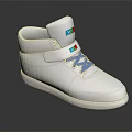 White High Top Shoes With Blue Laces Colorful Logo And Velcro Strap