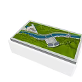 Commercial Equipment Model Display With Green Hills Windmills Buildings River And White Base
