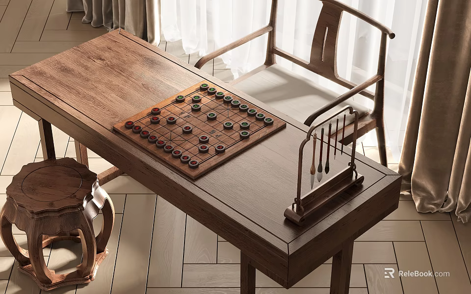 Traditional Wooden Desk With Chessboard And Brush Holder In Home Interior 3d model 
