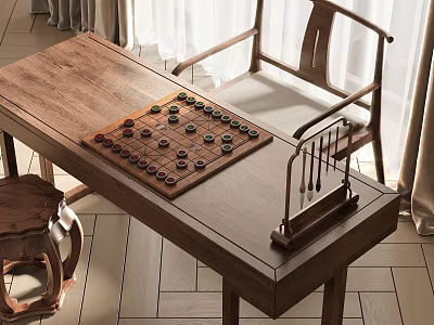 Traditional Wooden Desk With Chessboard And Brush Holder In Home Interior 3d model