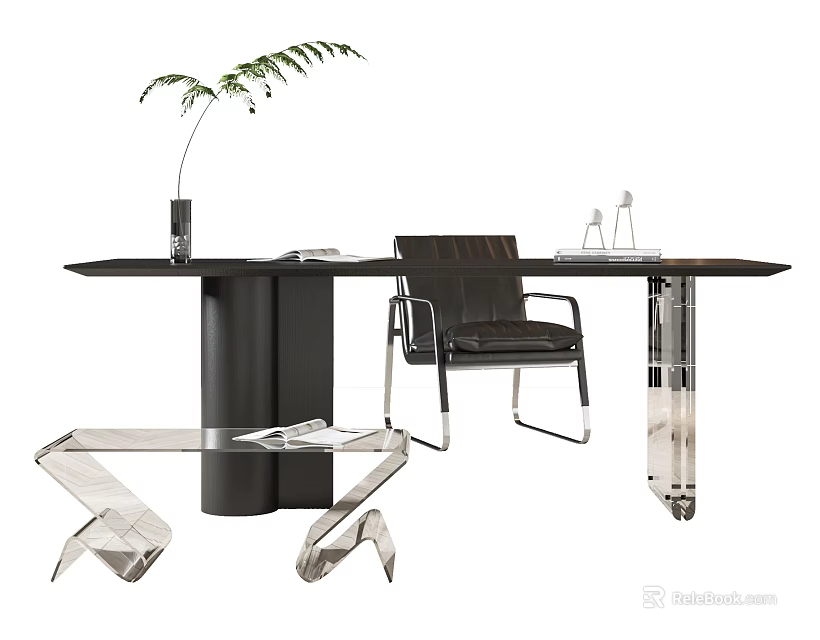 Modern Black Desk With Cylindrical Base Transparent Legs Black Chair And Plant Vase 3d model 