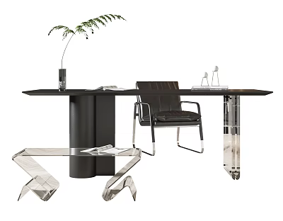 Modern Black Desk With Cylindrical Base Transparent Legs Black Chair And Plant Vase 3d model