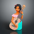 Woman With Long Black Hair Red Flower Hair Decoration Pink Top Blue Skirt Holding Guitar With Red Patterns