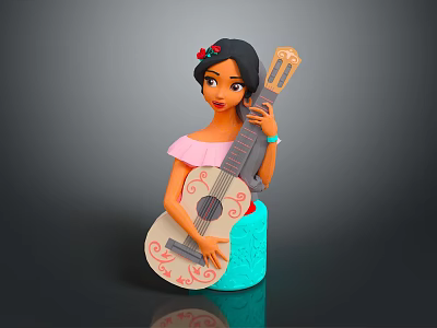 Woman With Long Black Hair Red Flower Hair Decoration Pink Top Blue Skirt Holding Guitar With Red Patterns 3d model