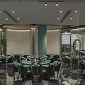 Modern Restaurant Interior Design With Circular Wall Decor Green Plants And Display Cabinets 3d model