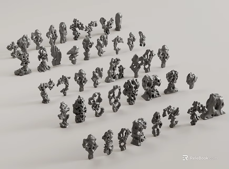 Handcrafted Stone Wood Figurines In Various Shapes Arranged On White Background 3d model 