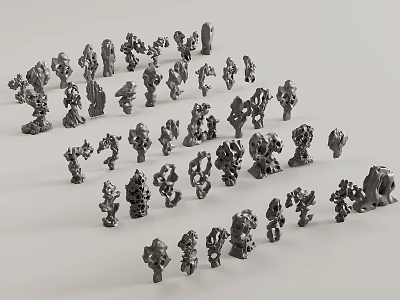 Handcrafted Stone Wood Figurines In Various Shapes Arranged On White Background 3d model