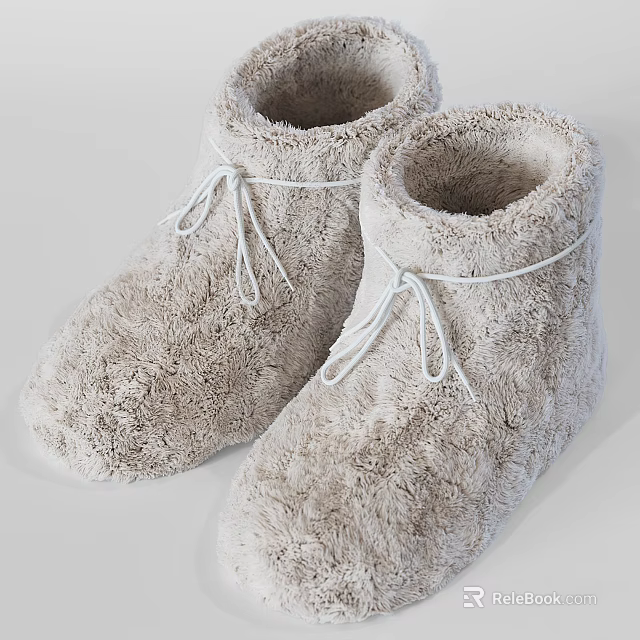Plush Fluffy Slippers In Beige Color With Lace Up Design For Cozy Home Wear 3d model 