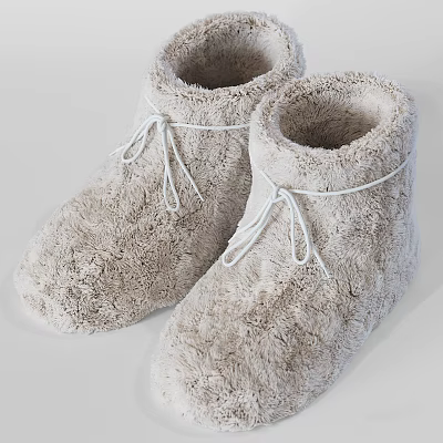 Plush Fluffy Slippers In Beige Color With Lace Up Design For Cozy Home Wear 3d model