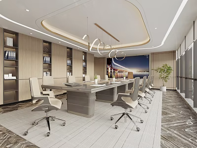 Modern Conference Room Interior Design With Long Table Wheeled Chairs Bookshelves And Large Windows 3d model