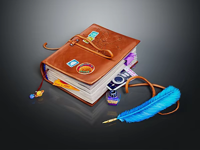 Handmade Leather Notebook With Feather Quill Pen Decorative Stickers And Ink Bottle 3d model