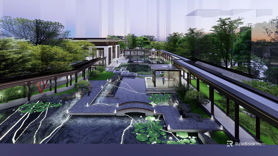 Traditional Chinese Garden Landscape With Pond Lotus Leaves Walkways and Pavilions 3d model 