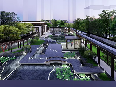 Traditional Chinese Garden Landscape With Pond Lotus Leaves Walkways and Pavilions 3d model