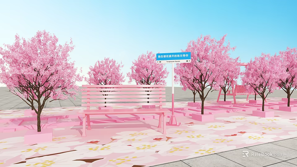 Scenic Outdoor Spot With Pink Cherry Trees Pink Benches Petal Covered Ground And Blue Sign 3d model 