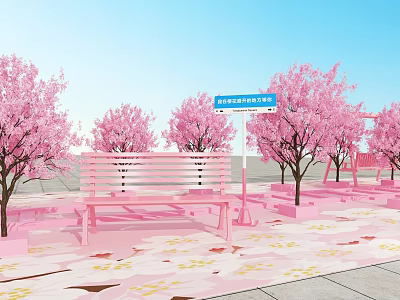 Scenic Outdoor Spot With Pink Cherry Trees Pink Benches Petal Covered Ground And Blue Sign 3d model