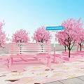 Scenic Outdoor Spot With Pink Cherry Trees Pink Benches Petal Covered Ground And Blue Sign