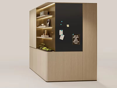 Modern Decorative Ornament Combination Display On Wooden Cabinet With Shelves And Green Plants 3d model