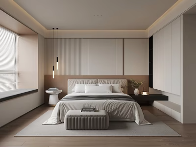 Modern Bedroom Interior Design With White Bed Headboard Pendant Lights And Gray Rug 3d model