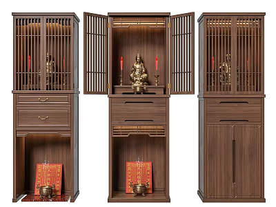 Traditional Chinese Wooden Buddhist Shrine Cabinet With Lattice Doors And Buddha Statue 3d model