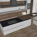 Modern Kitchen Interior Design With Wooden Island Counter Black Stovetop And White Cabinets