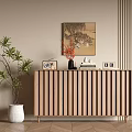 Modern Console Cabinet With Wooden Slat Design And Potted Plant Wall Art Decorative Items