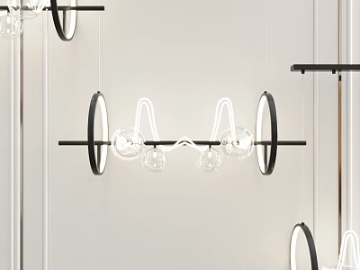 Modern Chandelier With Circular Rings And Glass Globes Hanging In Minimalist Interior Space 3d model